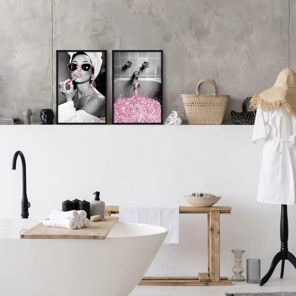 Pink glitter Art Print  Color Pop Art Bathroom Wall Decor Set unframed (6) - Picture 4 of 7